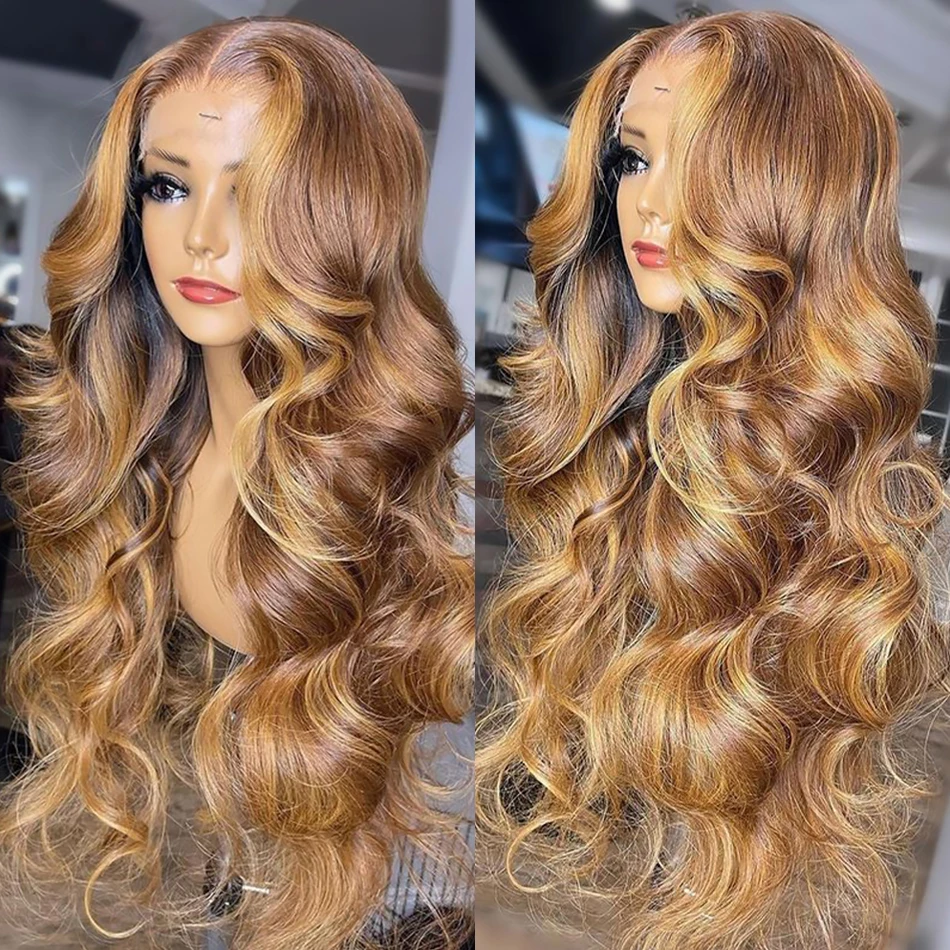 13x6 Highlight Wig Human Hair Brown Lace Front Human Hair Wigs For Women Honey Blonde Body Wave Lace Frontal Wig 100% Human Hair