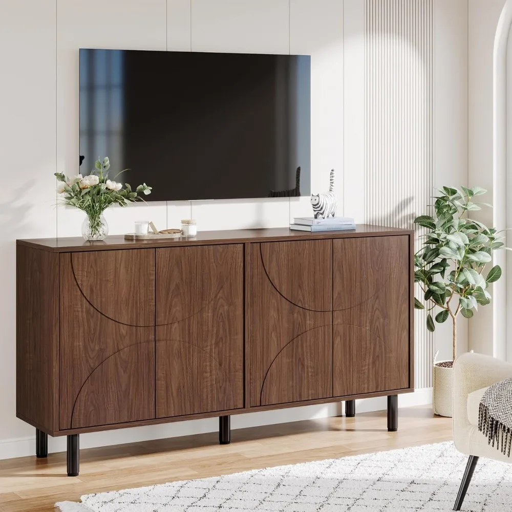 خزانة بوفيه ذات لوحة جانبية مع مساحة تخزين، وخزانة تخزين حديثة من العصور الوسطى مقاس 55 بوصة مع 4 أبواب وأرفف قابلة للتعديل #5