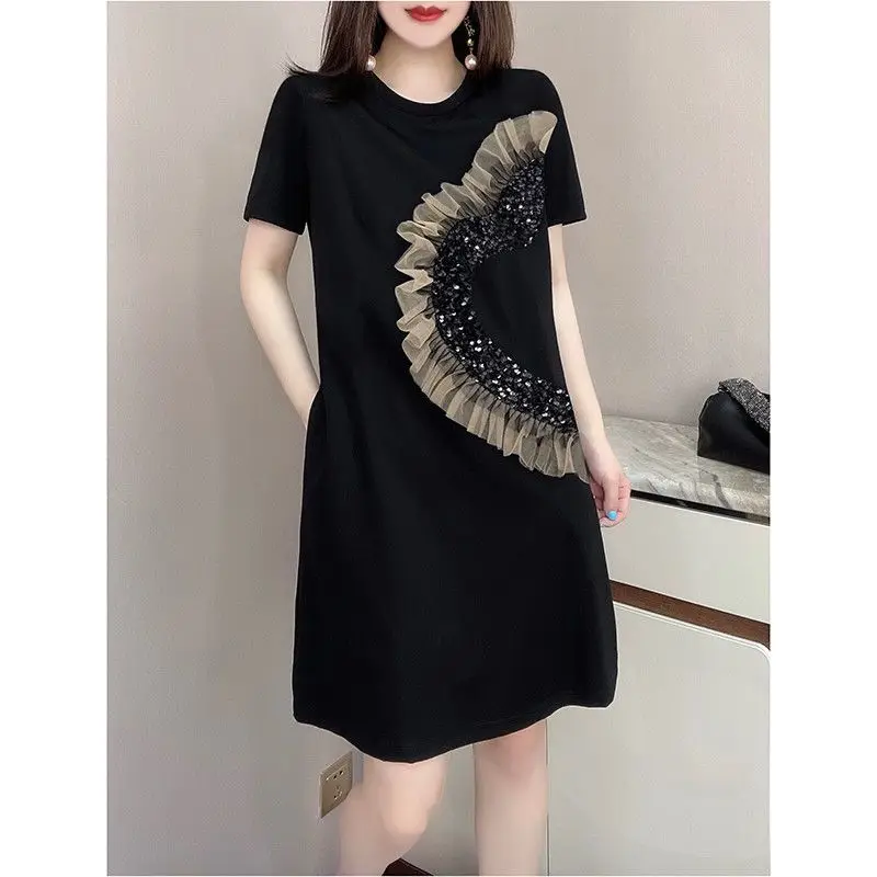 Korean Solid Patchwork Bright Line Decoration Pullovers Straight Dresses Ladies Black All-match Short Sleeve Women\'s Clothing