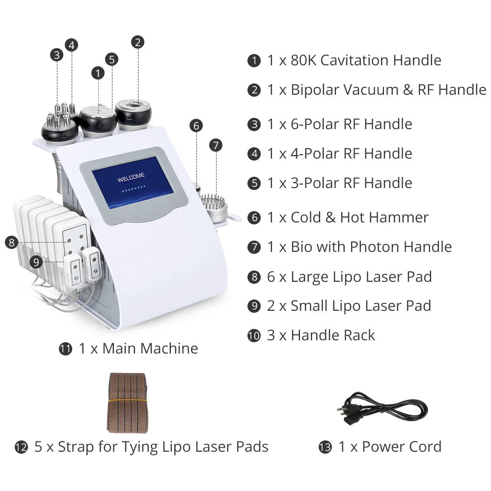 9 In 1 80k Cavitation Machine With RF Vacuum Laser Lipo Pads For Body Contouring