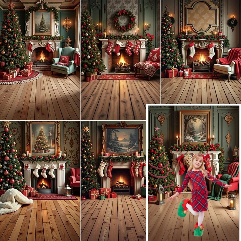 

MOON.QG Christmas Background Photography Backdrop Firepalce Xmas Tree Floor Photo Studio Photocall Accessories Poster Photozone