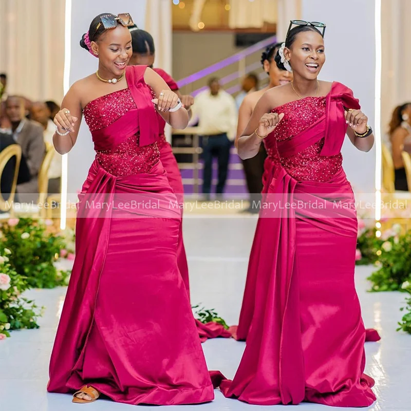 Vestidos de dama de honor de sirena rosa con cinta larga, un hombro, lentejuelas, cuentas, corpiño, falda de satén, vestido de fiesta nupcial, vestido de sirvienta