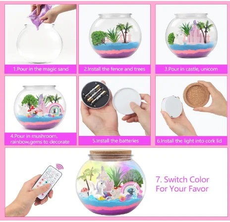 Einhorn-DIY-Bastel-Terrarium-Set, LED-Nachtlicht, Geburtstag, Weihnachten, Geschenk für Mädchen ab 5 Jahren, Bastelsets für Kinder und Mädchen