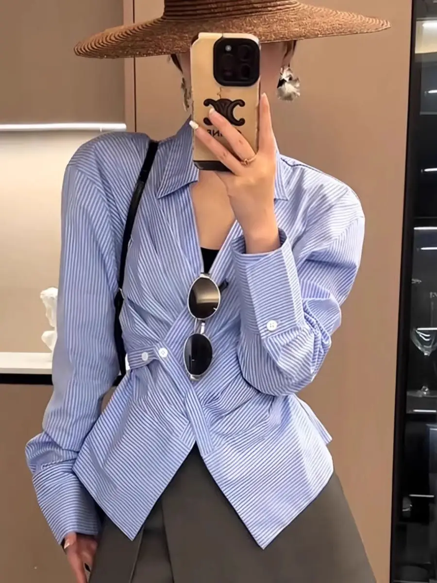 

Ele Blue Striped V-Ne Long Sve irt Женский легкий роскошный молодежный кардиган ранней осени