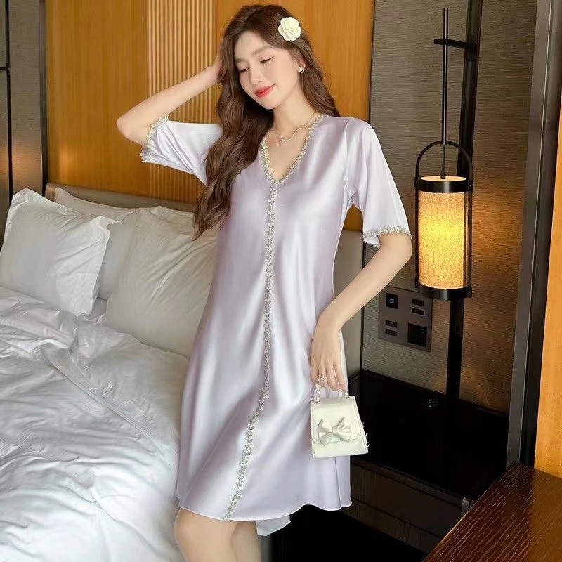 Women Ice Silk Pajamas Nightgowns Sleepwear V-neck Short Sleeved Shirt Pink Smooth Temptation Bathrobe Shirts Nightdress