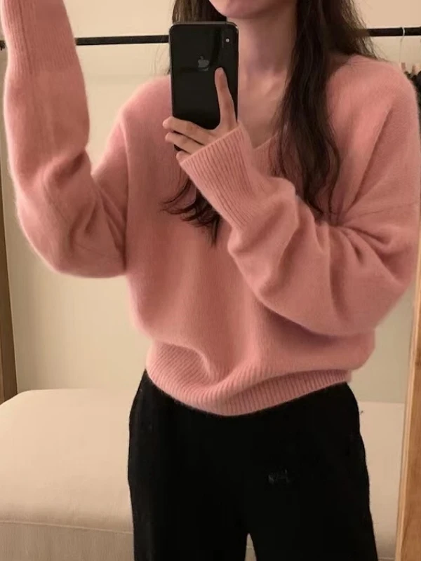 Ladies' Orange V-Ne Pullover Sweater Loose Comfortable Knitted Base Layer Top Soft Cozy Autumn Winter Inner Wear