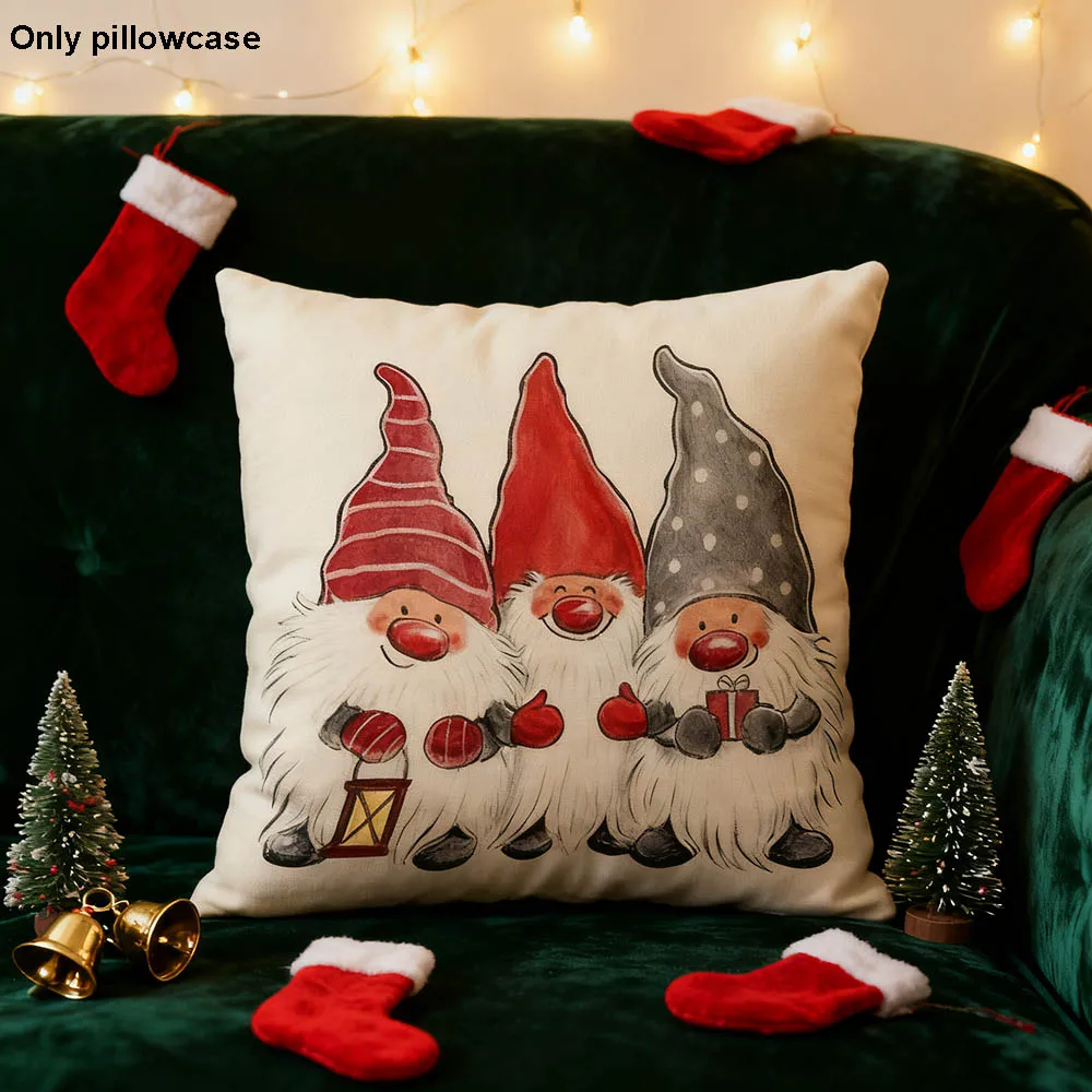 1pc Christmas 3 Dwarfs Pillowcase, Linen Square Pillow Cover Suitable for Home Sofa, Party and Bedroom Decoration, No Pillow Cor