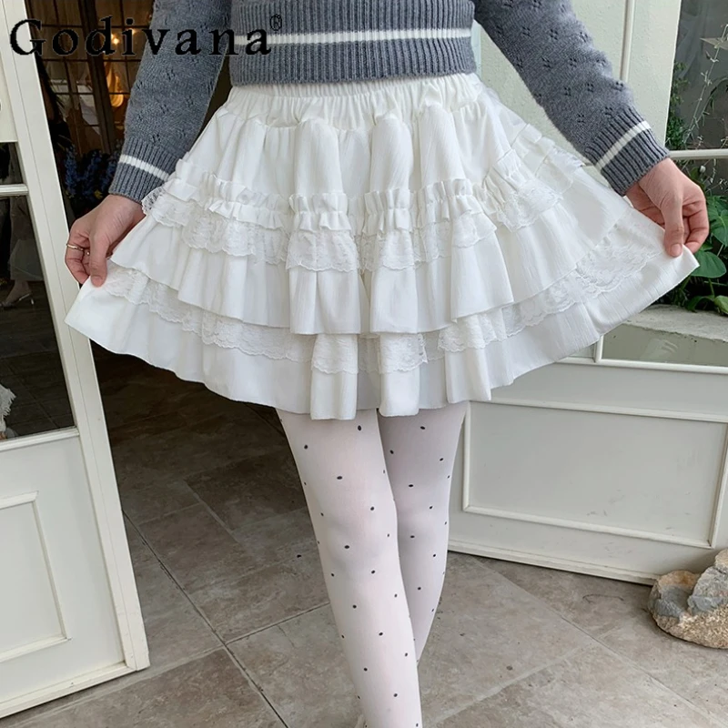 

Элегантная женская милая кружевная юбка трапециевидной формы с высокой талией, осенняя новая зимняя балетная универсальная модная короткая юбка с оборками