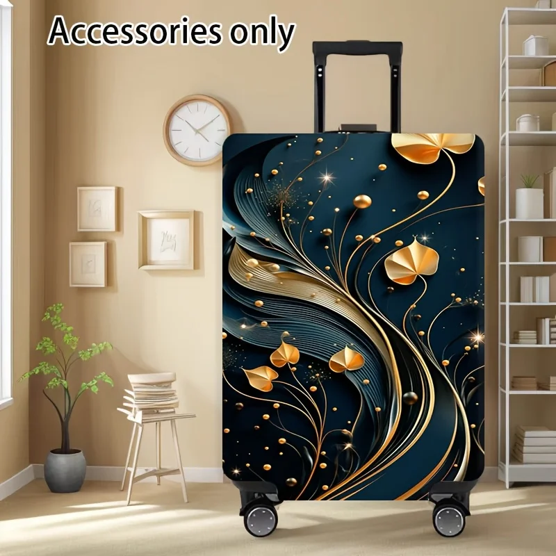 Gold and Black Floral-Patterned Luggage Cover, Stretchy Travel Accessory, Fits 18–32-Inch Suitcases