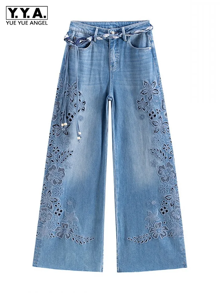 Fashion Women Hollow Out Embroidery Wide Leg Pants High Waist New Designer Autumn Loose Fit Jeans Vintage Denim Pants Trousers