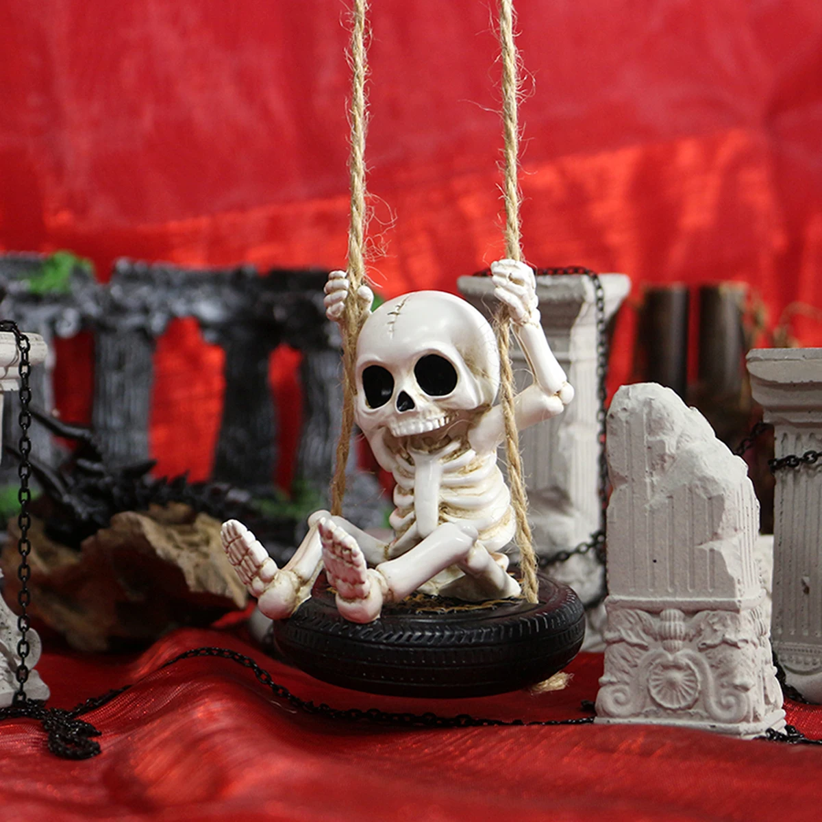 

Skeleton Halloween Statue Ornaments on Tire Swing - 3.54 Inch Swinging Skeleton Pendant Skull Statue Car Mirror Hanging Ornament