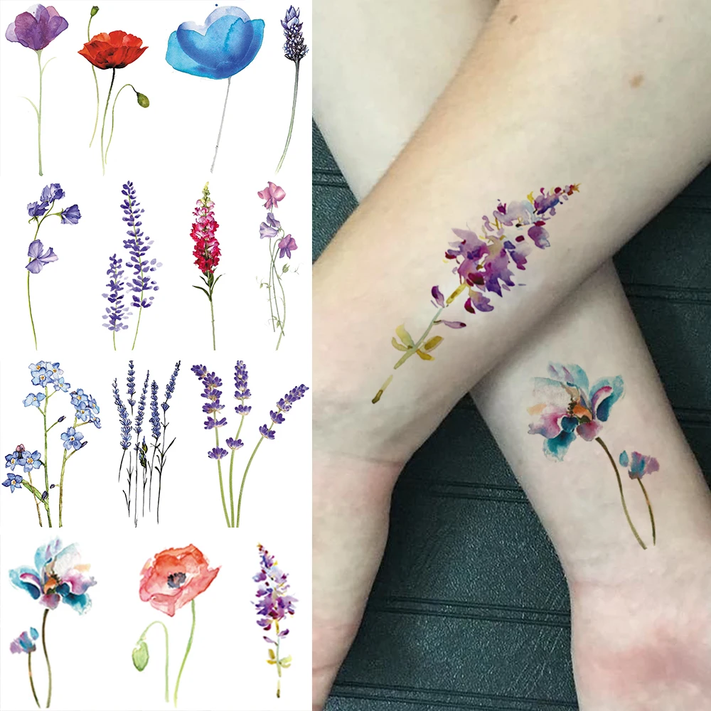 

3D Watercolor Lavender Flower Temporary Tattoos For Women Body Art Arm Fake Flora Adults Tattoo Sticker Waterproof Girls Tatoos