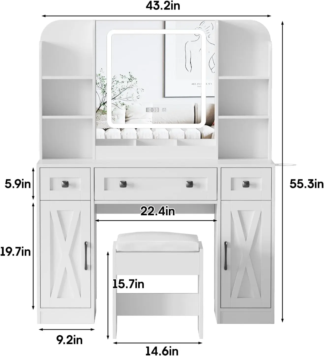 LED 조명이 있는 화장대, 서랍 3개, 캐비닛 2개, 조명 조절 가능, 흰색