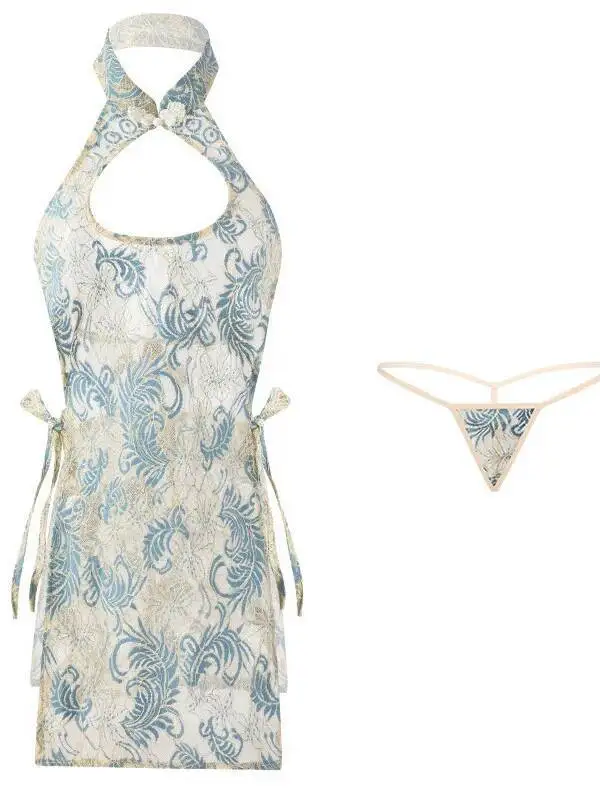 Women's Sexy Hollow Out Transparent Lace-up Slit Dress Elegant Lady Cheongsam Uniform Dress Pure Desire Hanging Neck Casual 78X8