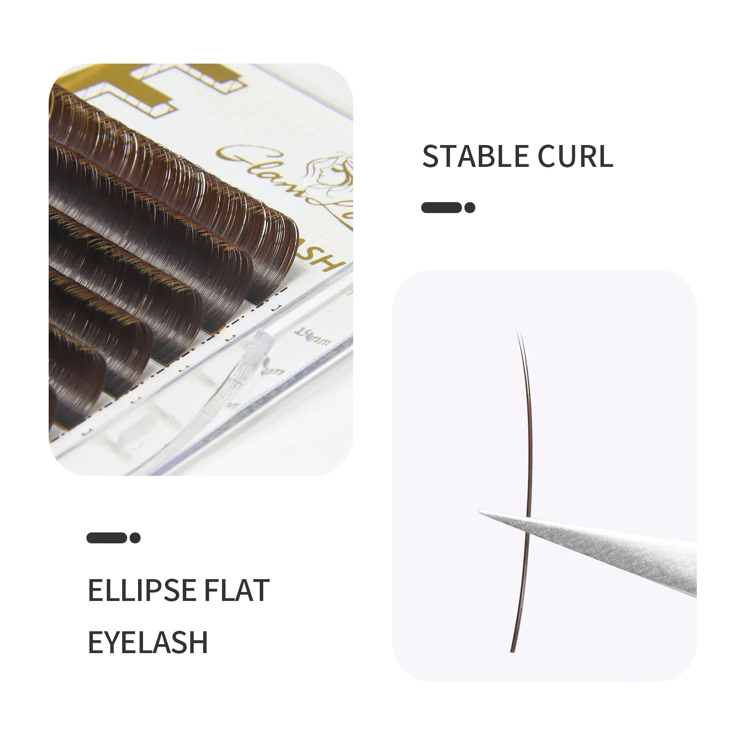 GLAMLASH Borwn Ellipse Flat Eyelashes Extensions Matte Faux Lashes Split Tips Ellipse Shaped Makeup Tools