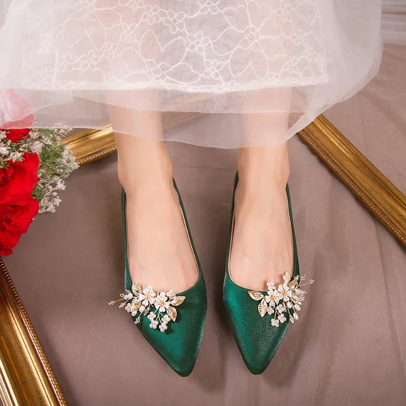 Flowers Pointed Toe Pumps for Women\'s 2024 New Green Silk Low Heels Shoes Woman Slip on Thin Heeled Lady Shoes Green Party Shoes