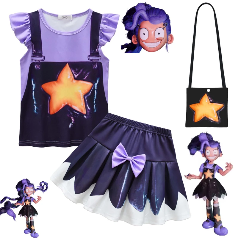 Novo Conjunto Infantil Bobi Time Lily: Camiseta + Saia para Meninas, Máscara e Bolsa - Fantasia de Personagem de Halloween Estilo Desenho Animado para Meninas