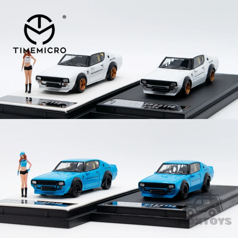 Timemicro-白と青のダイキャストモデルカー,lbwk nissan kpgc110,1:64