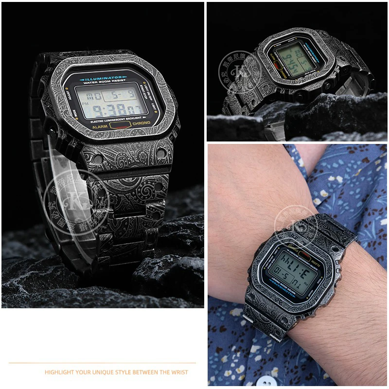 Stainless Steel Vintage engraving pattern For Casio G-SHOCK DW5600 GW-B5600 GWM5610 Strap Bezel Frame Watchband Metal Case