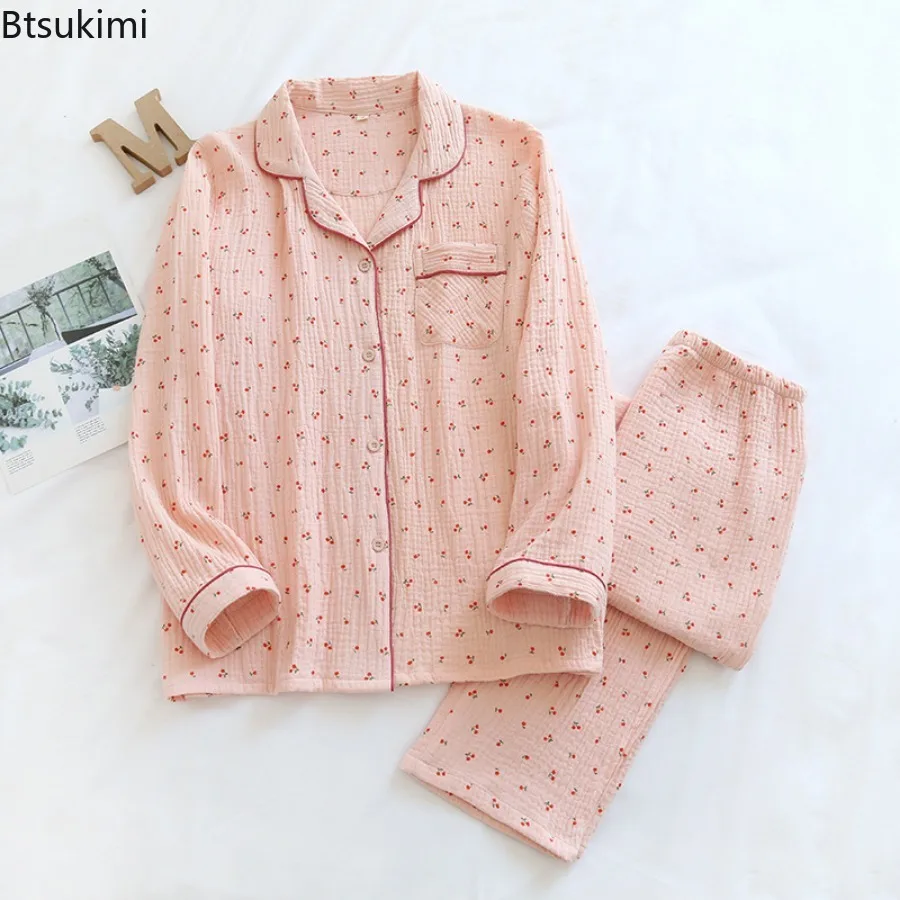 2025 Spring Autumn Pajama Sets for Women 100% Cotton Soft Comfort Lapel Cardigan Pants Two Piece Sets Sweet Cute Women Sleepwear