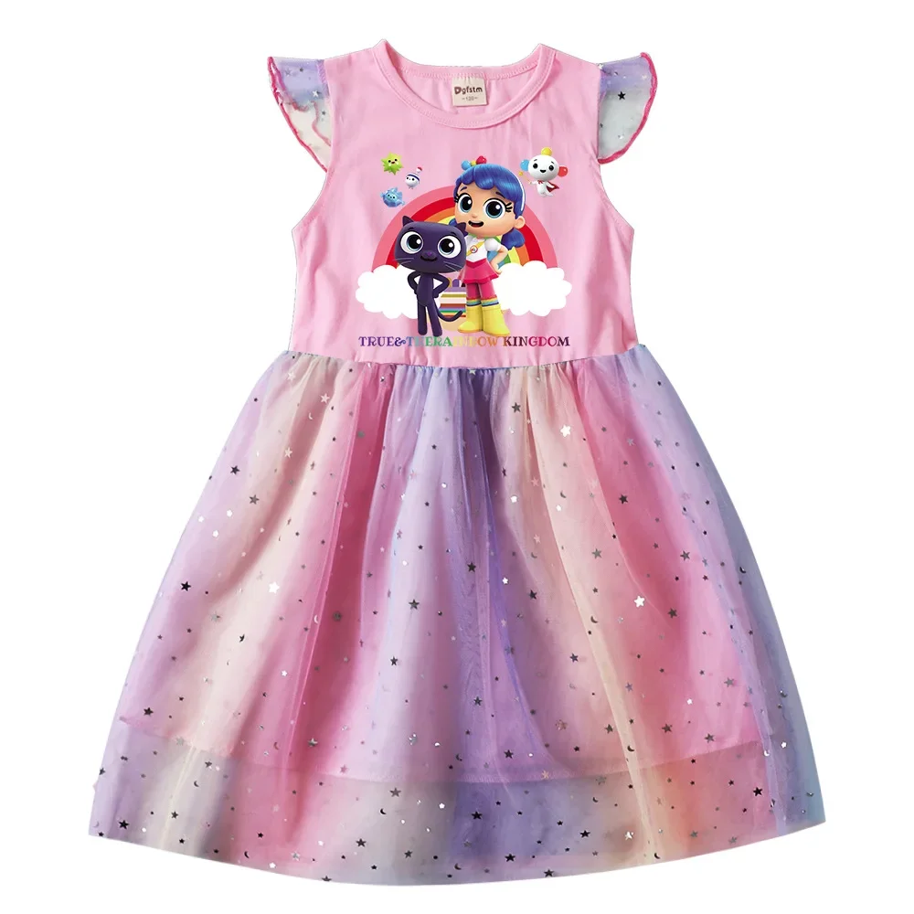 True and The Rainbow Kingdom Clothes for Baby Girls Summer Short Sleeve Dresses Kids Cartoon Dress Children Cartoon Party Frock