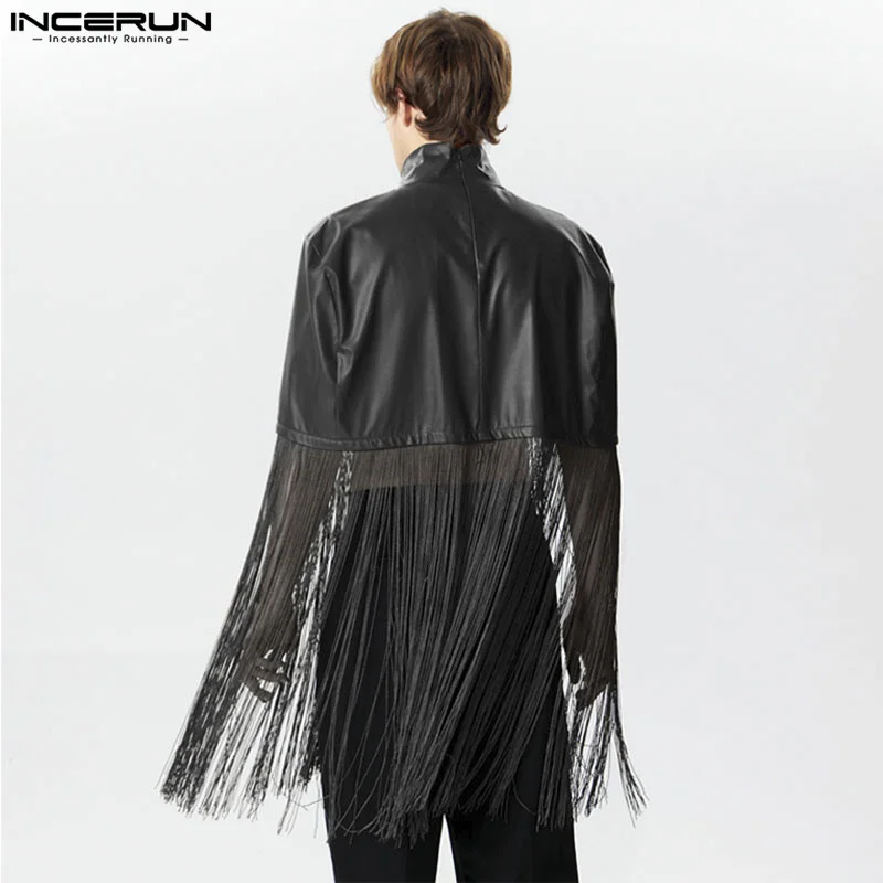 2024 Men Cloak Coats PU Leather Tassel Patchwork Turtleneck Coats Men Streetwear Fashion Casual Irregular Trench Ponchos INCERUN