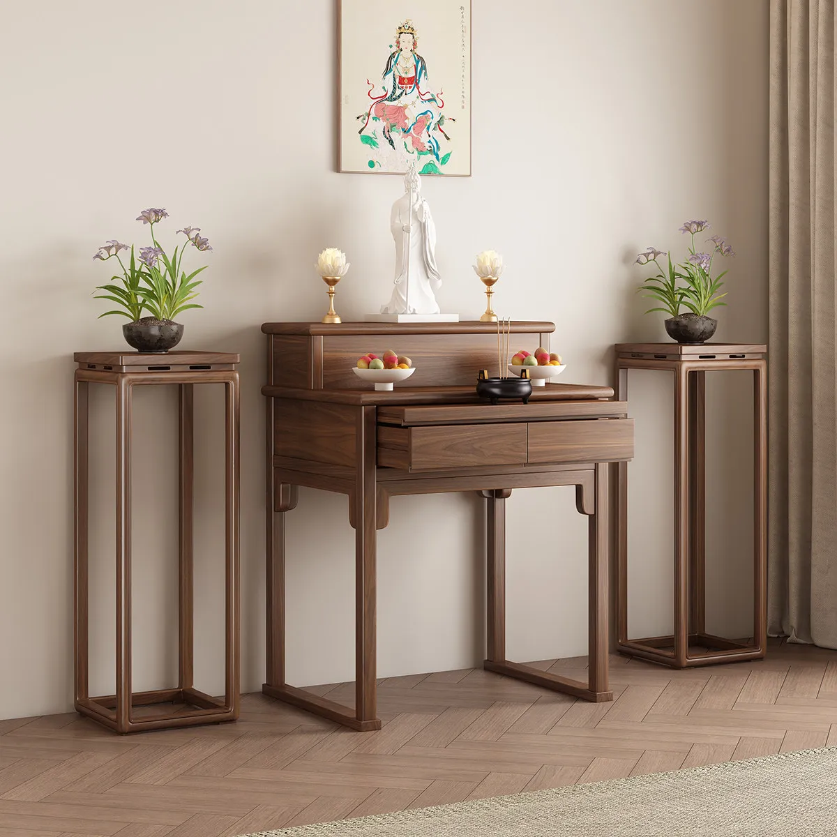 LMM,new Chinese Buddhist platform, Buddhist niche, Guanyin Bodhisattva offering table, incense case, home setting table