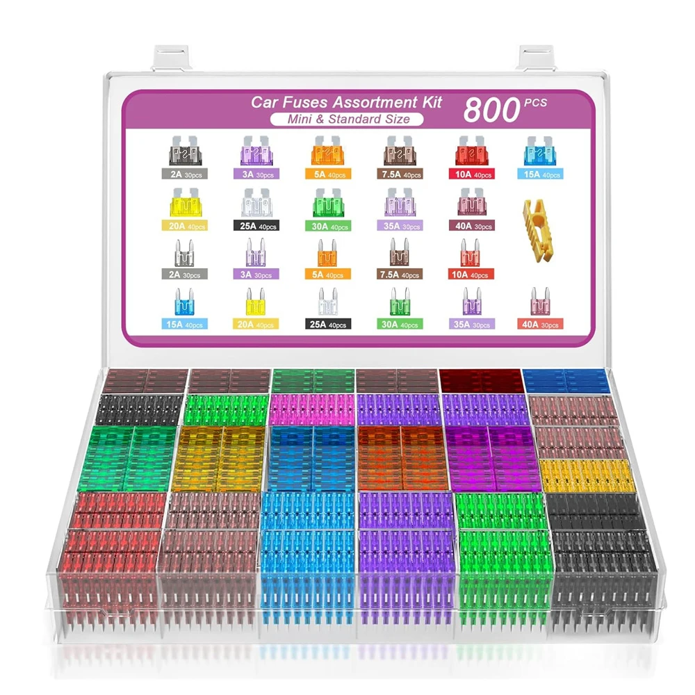 

800pcs Fuses Assortment Kit,Standard Fuse & Mini Fuses+Puller for RV/Truck/Motorcycle(2A 3A 5A 7.5A 10A 15A 20A 25A 30A 35A 40A)