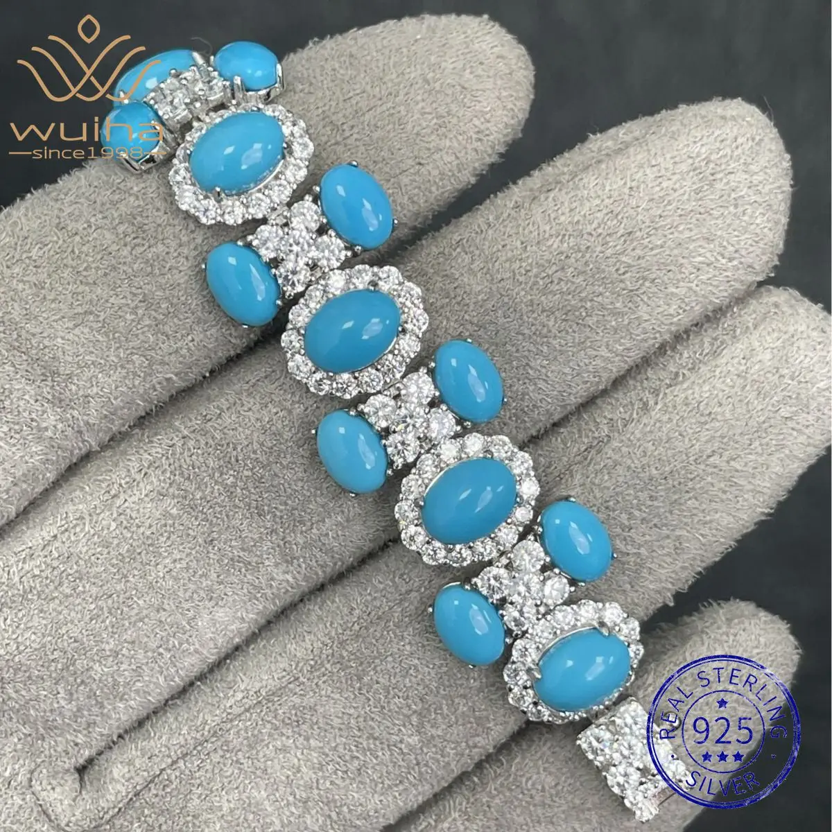 

WUIHA Ethnic Vintage 100% 925 Sterling Silver Turquoise High Carbon Diamonds Lab Sapphire Bracelet Bangle Fine Jewelry Wholesale