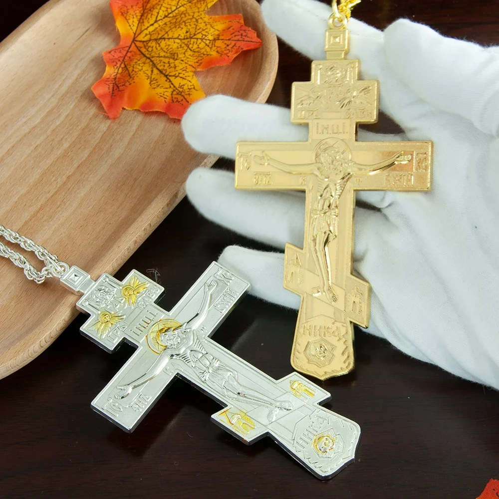 HTISOK Orthodoxes Jesus-Kreuz, Jesus-Kruzifix, vergoldetes Brustkreuz, Anhänger-Halskette für Priester, Bischof, religiöses Geschenk – Detail 10