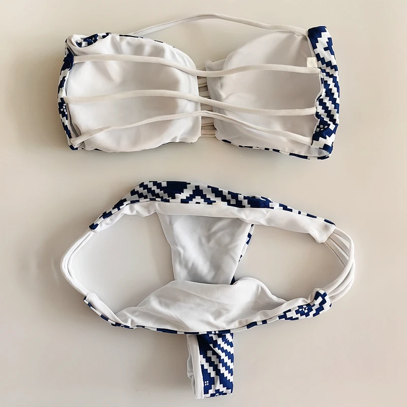 Retro Print Brazilian Swimwear European American Women Bandeau Bikini Set Strapless Bathing Suits Bandage Reversible Swimsuit