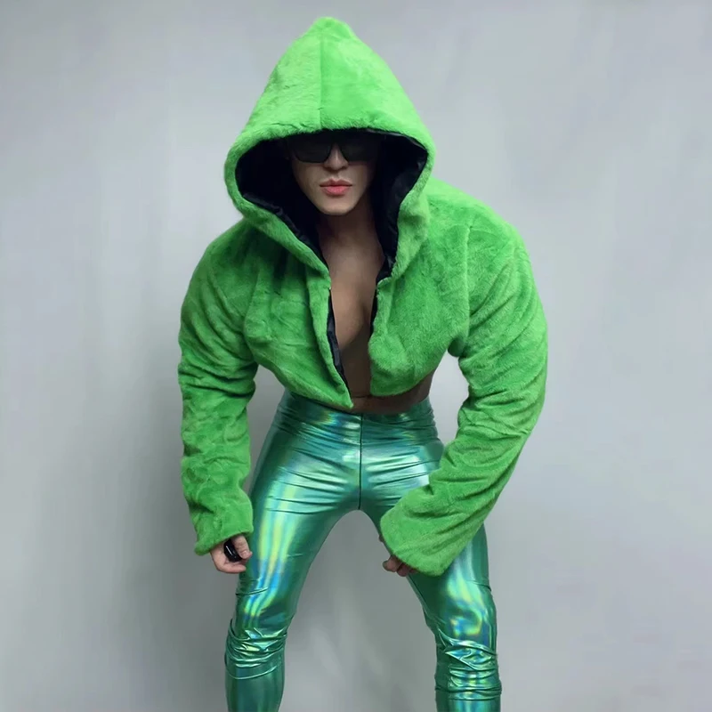 Men Hip Hop Jazz Dance Clothes Nightclub Bar Dj Ds Costumes Gogo Dancer Outfits Singer Stage Costume Green Fluffy Hoodie VDB6147