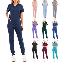 Nursing Uniforms Two Piece Unisex Shorts Scrub Sets Sleeve Pocket Top Tee Loose Pants Beauty Salon Workwear Overalls Plus Size