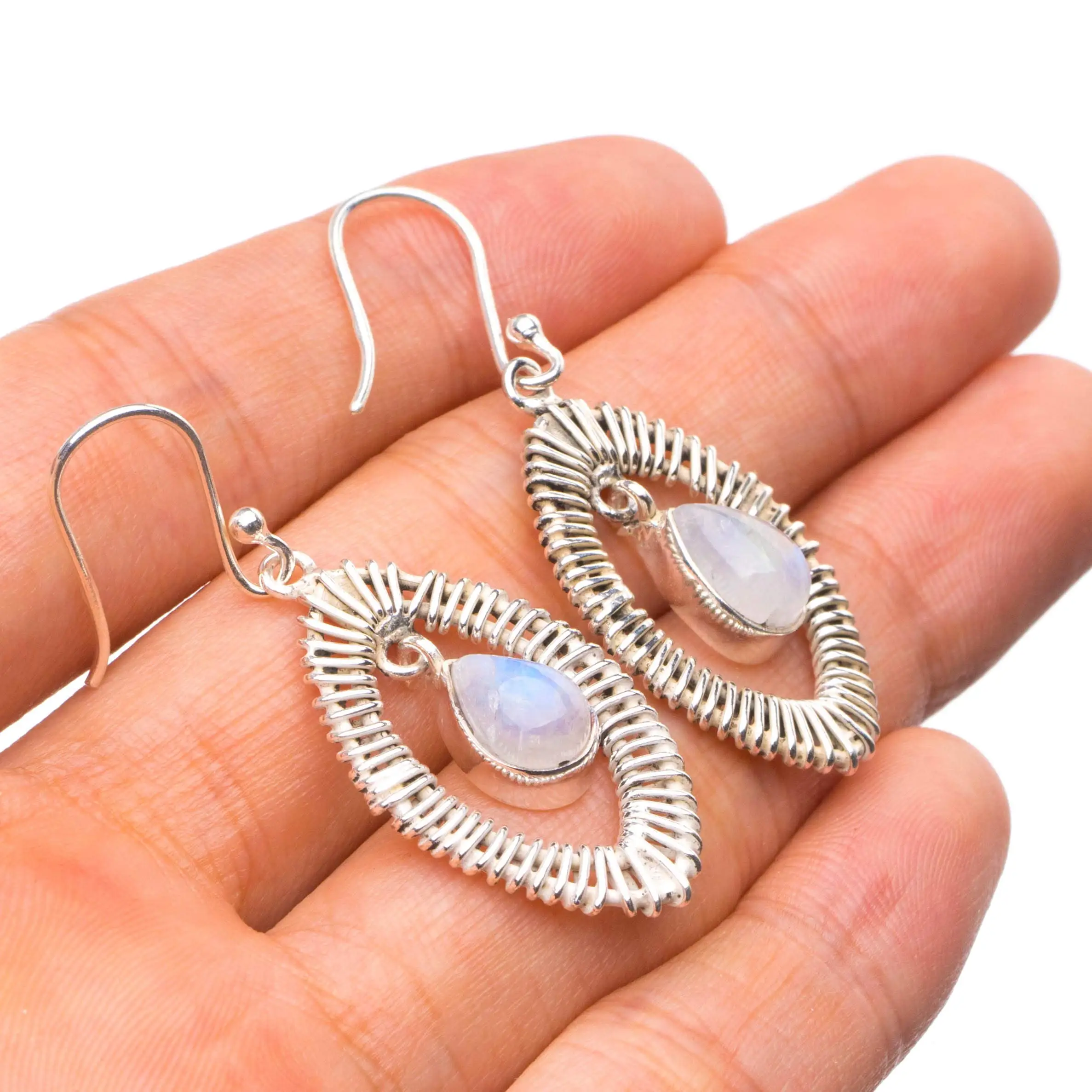 

StarGems® Natural Rainbow Moonstone Handmade Unique Eye Shape 925 Sterling Silver Earrings 1.75" X4281