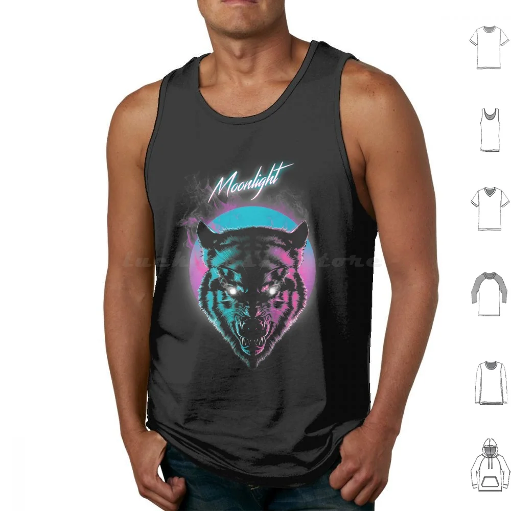 Moonlight Tank Tops Vest Sleeveless Wolf 80s Neon Retro Rad Animal Animals Eighties Midnight Full Moon Retrowave Vaporwave