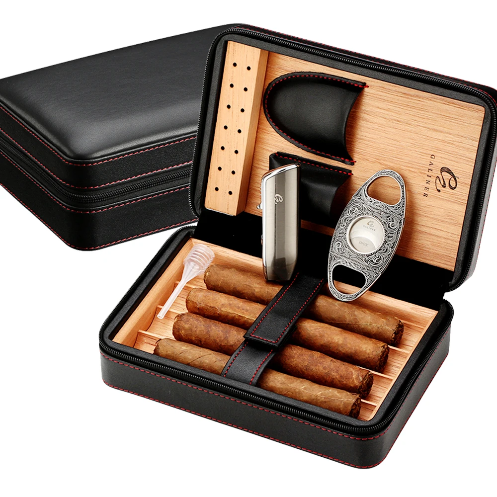 

Galiner Cedar Wood Lined Cigar Humidor With Lighter Cigar Cutter Accessories Set Portable Leather Travel Cigar Case