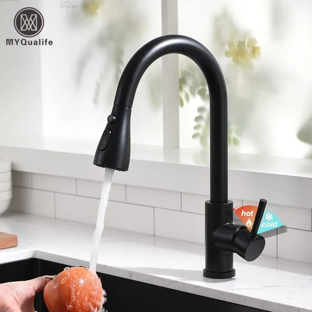 Black Pull Out Kitchen Sink Faucet Deck Mounted Stream Sprayer Kitchen Mixer Tap Bathroom Kitchen Hot Cold Tap Faucet Robot arm