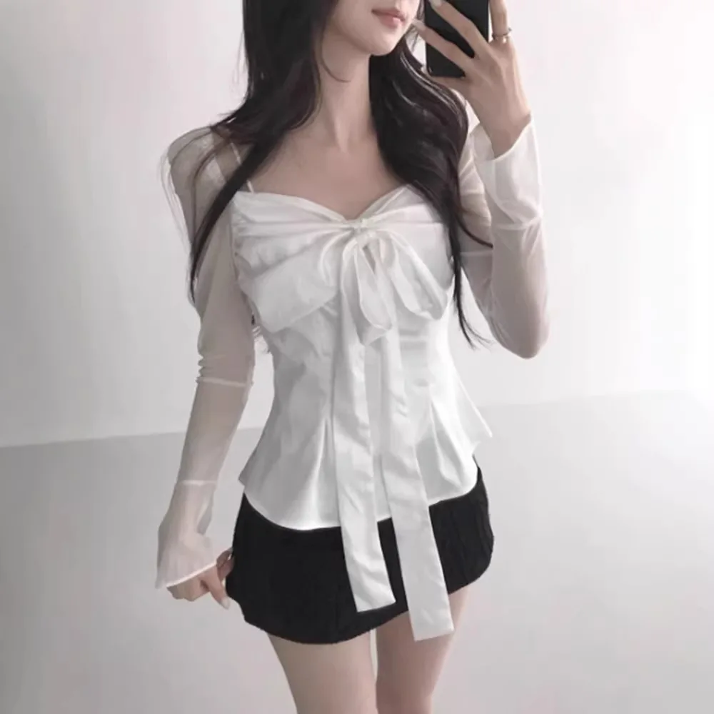 

Spring Hillda26 Women's Slim Fit Satin Wrap Chest Knot Chiffon irt Korean Sle Long Sve Breathable Skin-friendly
