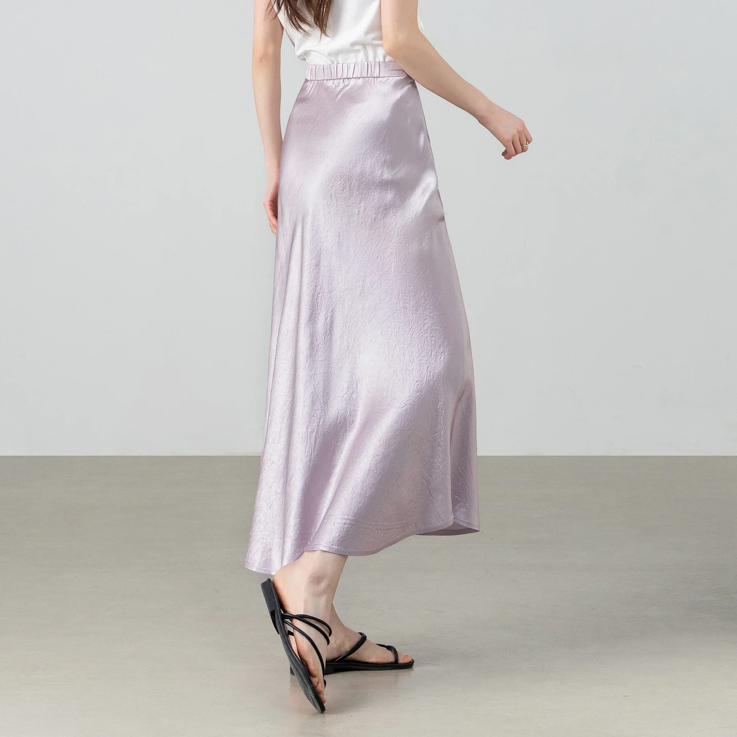 SENTUBILA Women's Satin A-Line Skirt 2026 Summer New Elegant Asymmetrical Hem Front Slit Elastic Waist Midi Skirt 162QG6114