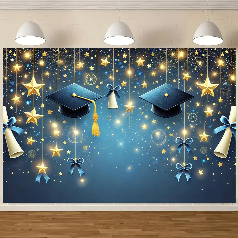 1 Fundo de comemoração de formatura de férias – Design de estrelas brilhantes e diploma, casa, escritório e festa