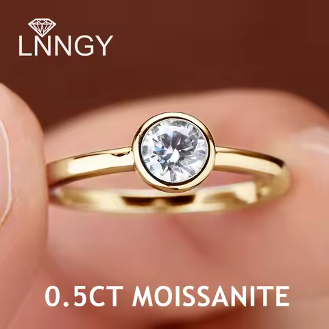 Lnngy Certified 0.5CT Bezel Moissanite Ring 925 Sterling Silver Solitaire Engagement Rings for Couple Wedding Jewelry Gift