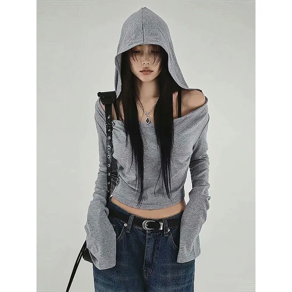 

Винтажная женская толстовка с длинным рукавом и капюшоном в стиле Y2K, с открытыми плечами, повседневная, удобная, весенняя модная женская толстовка