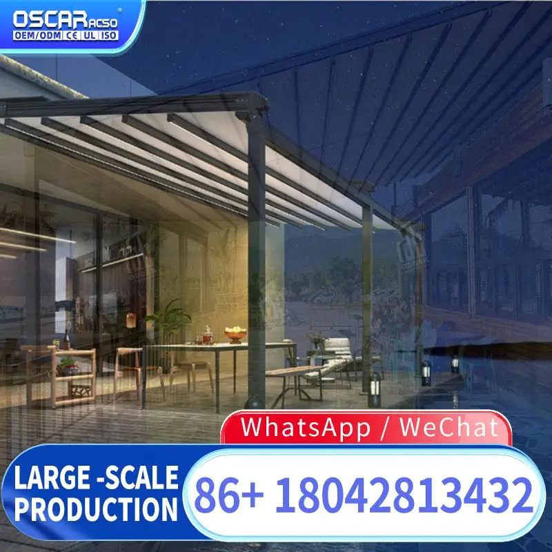 Louvered Pavilion Swimming Pool Pergola with LED Strips Aluminum PVC Carport Structure for Backyard Garden Patio Retractable Can