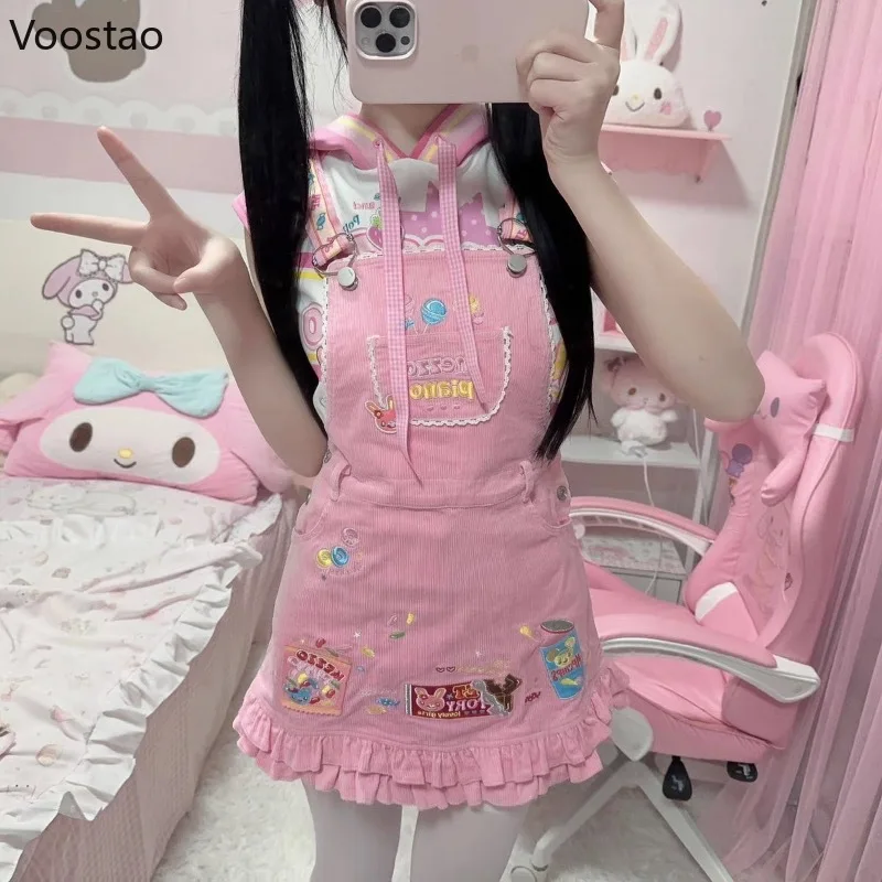 Japanese Lolita Style Pink Strap Dress Women Kawaii Cartoon Bunny Embroidery Party Mini Dresses Female Sweet Y2k Princess Dress