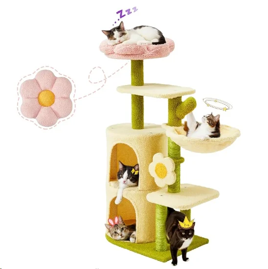 

Multi-Level Flower Tree Tower Condo Kitty House With Cozy Top Flower Platform Spacious Condos Soft Hammock Sisal Post