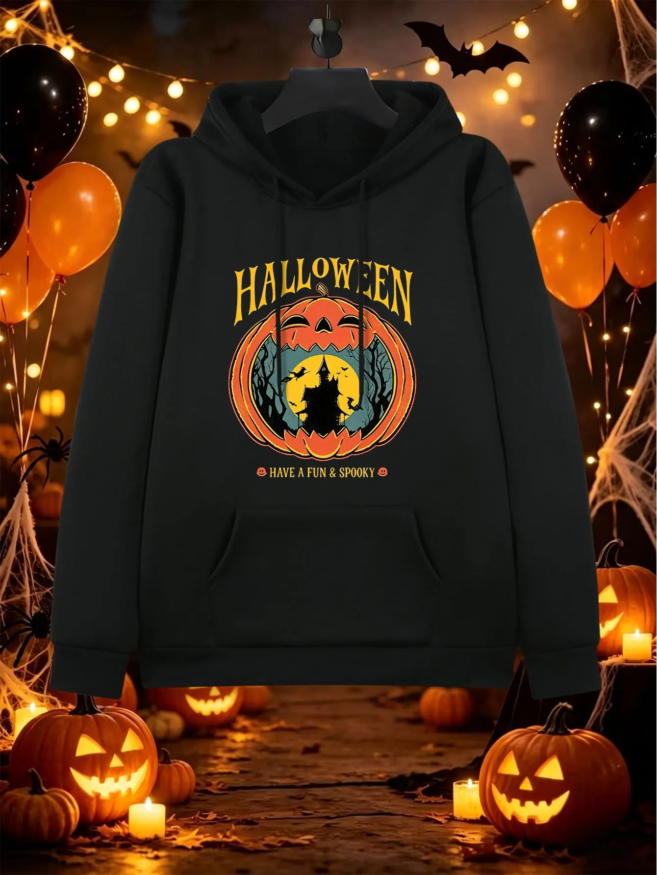 Unisex Halloween Pumpkin Lantern Castle Bat Print Hoodie, Street Trendy Long Sleeve Top For Commute Fitness Daily Wear S-3XL