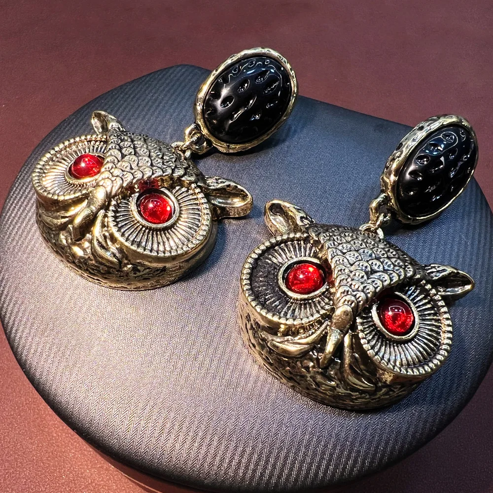 Western antique vintage owl European and American exaggerated retro old smear ins cross-border premium S925 earrings