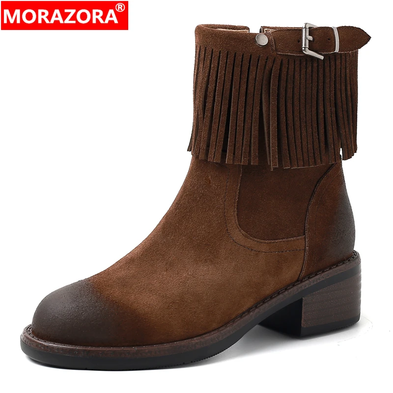 

MORAZORA INS новые ботильоны из коровьей замши, женские осенне-зимние ботинки на массивном среднем каблуке с кисточками и молнией ручной работы в стиле ретро