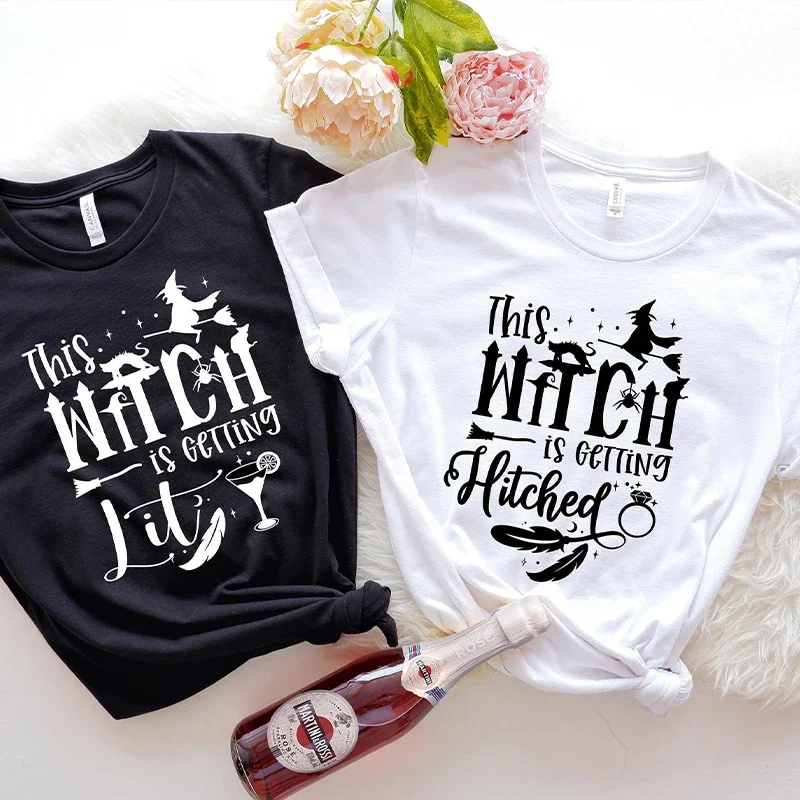 Team Bride Y2k Tops Bridal Shower Wedding Shirt This Witch Is Getting Hitched Lit T-Shirt Halloween Bachelorette Party EVJF Tees