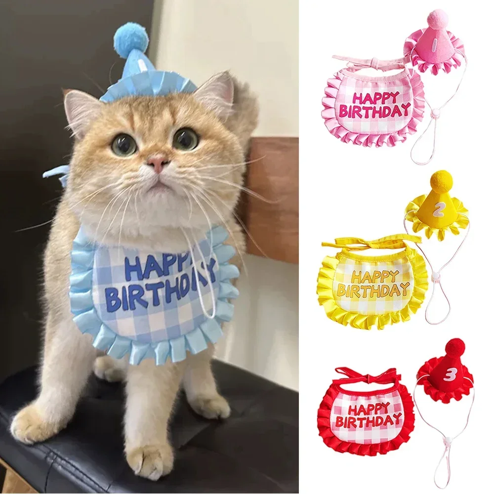Bufanda de cumpleaños para gatos, conjunto de sombrero, suministros para fiesta de cumpleaños para perros, bufanda para mascotas, bonito gorro de cumpleaños para cachorros, decoración para mascotas pequeñas y medianas